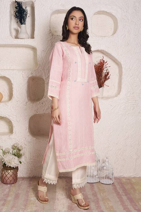 Surabhi Arya_Pink Linen Lace And Thread Notched Kurta & Palazzo Set _Online_at_Aza_Fashions
