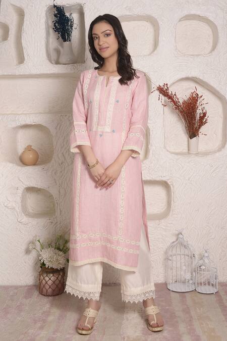 Buy_Surabhi Arya_Pink Linen Lace And Thread Notched Kurta & Palazzo Set _Online_at_Aza_Fashions