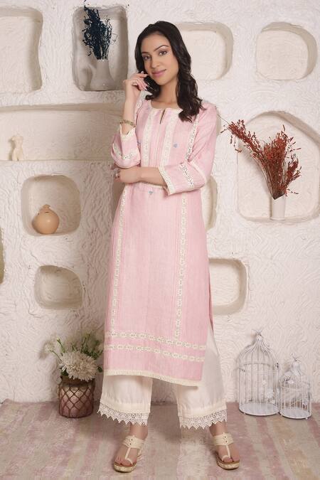 Shop_Surabhi Arya_Pink Linen Lace And Thread Notched Kurta & Palazzo Set _Online_at_Aza_Fashions