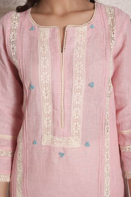 Surabhi Arya_Pink Linen Lace And Thread Notched Kurta & Palazzo Set _at_Aza_Fashions