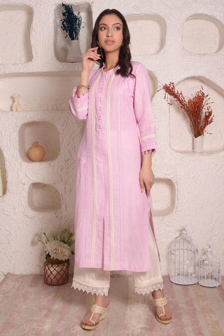 Buy_Surabhi Arya_Purple Linen Lace And Thread Round Kurta & Palazzo Set _Online_at_Aza_Fashions