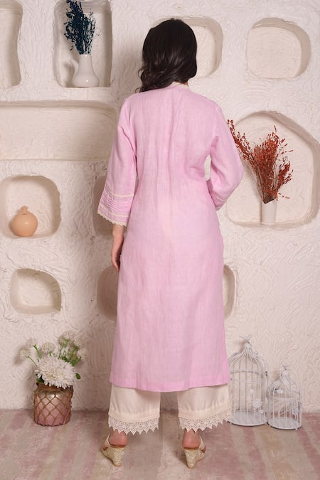 Shop Surabhi Arya Purple Linen Lace And Stone V Neck Kurta & Palazzo Set at Aza Fashions Shop_Surabhi Arya_Purple Linen Lace And Stone V Neck Kurta & Palazzo Set _at_Aza_Fashions