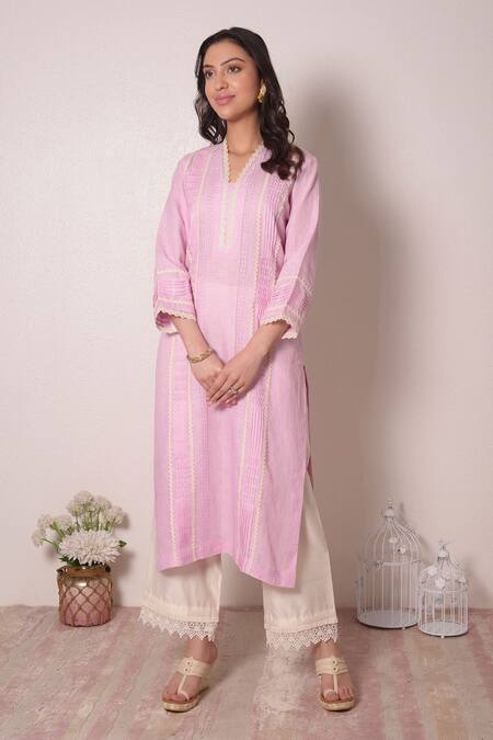 Surabhi Arya_Purple Linen Lace And Stone V Neck Kurta & Palazzo Set _Online_at_Aza_Fashions