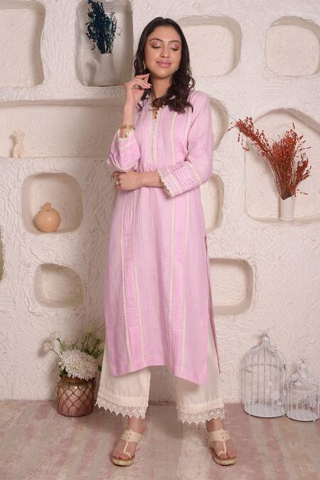 Buy_Surabhi Arya_Purple Linen Lace And Stone V Neck Kurta & Palazzo Set _Online_at_Aza_Fashions