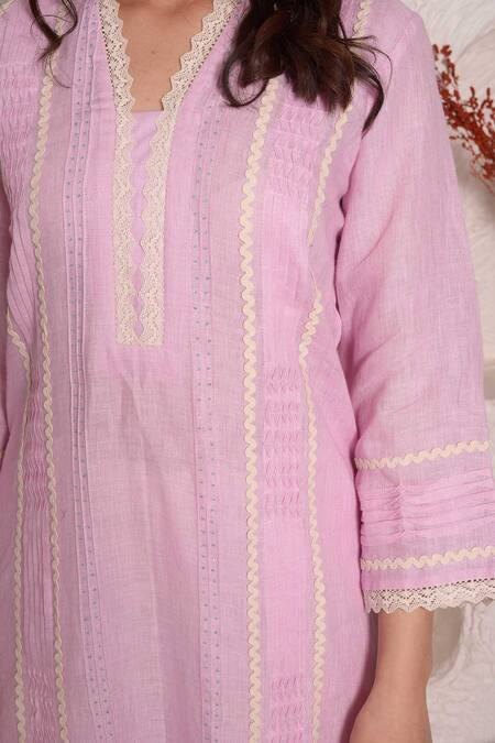 Shop_Surabhi Arya_Purple Linen Lace And Stone V Neck Kurta & Palazzo Set _Online_at_Aza_Fashions