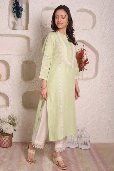 Surabhi Arya_Green Linen Lace And Thread Band Kurta & Palazzo Set _Online_at_Aza_Fashions
