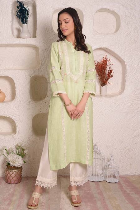Buy_Surabhi Arya_Green Linen Lace And Thread Band Kurta & Palazzo Set _Online_at_Aza_Fashions
