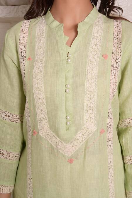 Shop_Surabhi Arya_Green Linen Lace And Thread Band Kurta & Palazzo Set _Online_at_Aza_Fashions