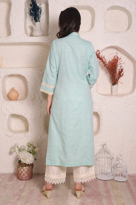 Shop Surabhi Arya Blue Linen Lace Band Kurta And Palazzo Set at Aza Fashions Shop_Surabhi Arya_Blue Linen Lace Band Kurta And Palazzo Set _at_Aza_Fashions