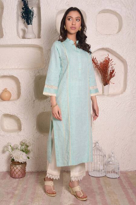 Surabhi Arya_Blue Linen Lace Band Kurta And Palazzo Set _Online_at_Aza_Fashions