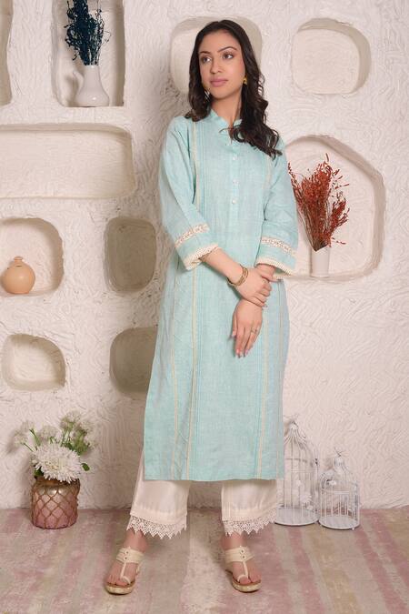 Buy_Surabhi Arya_Blue Linen Lace Band Kurta And Palazzo Set _Online_at_Aza_Fashions