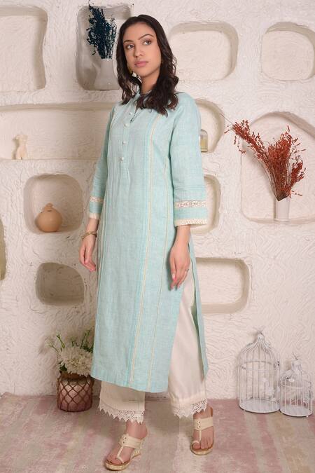 Shop_Surabhi Arya_Blue Linen Lace Band Kurta And Palazzo Set _Online_at_Aza_Fashions
