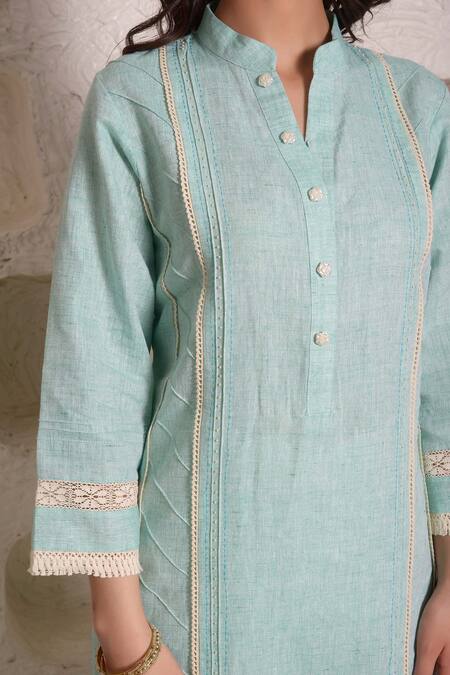 Surabhi Arya_Blue Linen Lace Band Kurta And Palazzo Set _at_Aza_Fashions