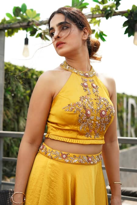 Shop_Surabhi Arya_Yellow Hammer Satin Halter Crop Top And Skirt Set_Online_at_Aza_Fashions