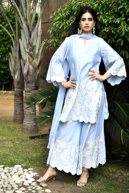 Surabhi Arya_Blue Kurta And Pant Chanderi Dupatta Chiffon Round Set_Online_at_Aza_Fashions