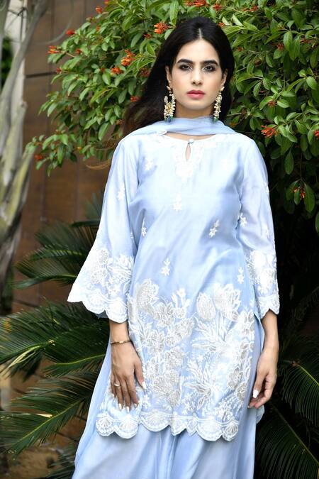 Buy_Surabhi Arya_Blue Kurta And Pant Chanderi Dupatta Chiffon Round Set_Online_at_Aza_Fashions