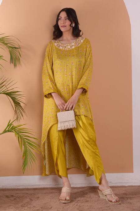 Buy_Surabhi Arya_Yellow Modal Satin Floral, Sequin And Beads Work Asymmetric Kurta & Tulip Pant Set_Online_at_Aza_Fashions
