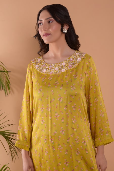 Shop_Surabhi Arya_Yellow Modal Satin Floral, Sequin And Beads Work Asymmetric Kurta & Tulip Pant Set_Online_at_Aza_Fashions