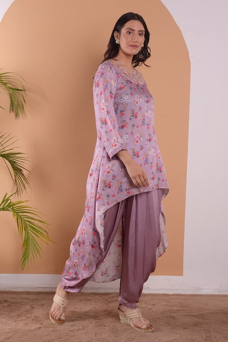 Buy_Surabhi Arya_Purple Modal Satin Floral, Sequin And Beads Work Asymmetric Kurta & Tulip Pant Set_Online_at_Aza_Fashions