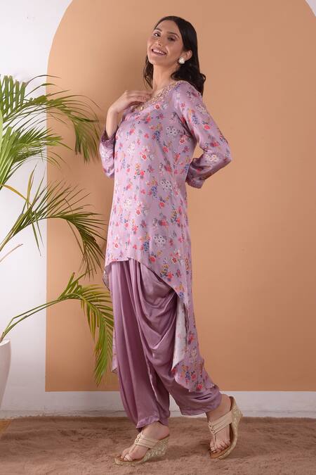 Shop_Surabhi Arya_Purple Modal Satin Floral, Sequin And Beads Work Asymmetric Kurta & Tulip Pant Set_Online_at_Aza_Fashions