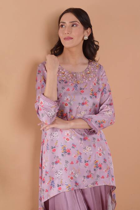 Surabhi Arya_Purple Modal Satin Floral, Sequin And Beads Work Asymmetric Kurta & Tulip Pant Set_at_Aza_Fashions