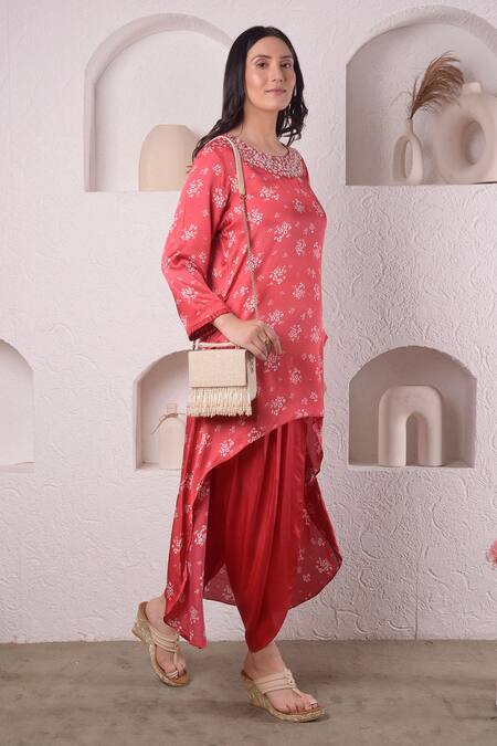 Surabhi Arya_Red Modal Satin Floral, Sequin And Beads Work Asymmetric Kurta & Tulip Pant Set_Online_at_Aza_Fashions