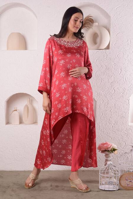 Buy_Surabhi Arya_Red Modal Satin Floral, Sequin And Beads Work Asymmetric Kurta & Tulip Pant Set_Online_at_Aza_Fashions