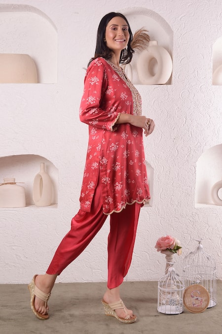 Surabhi Arya_Red Modal Satin Floral, Sequin And Beads Work Printed Kurta & Tulip Pant Set_Online_at_Aza_Fashions