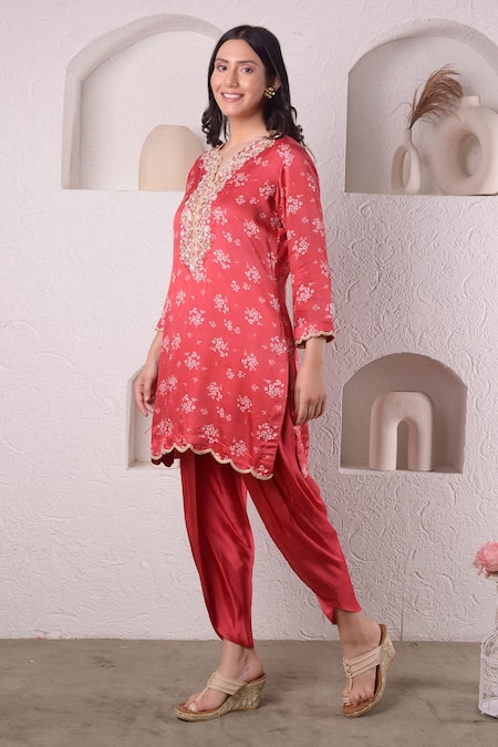 Buy_Surabhi Arya_Red Modal Satin Floral, Sequin And Beads Work Printed Kurta & Tulip Pant Set_Online_at_Aza_Fashions