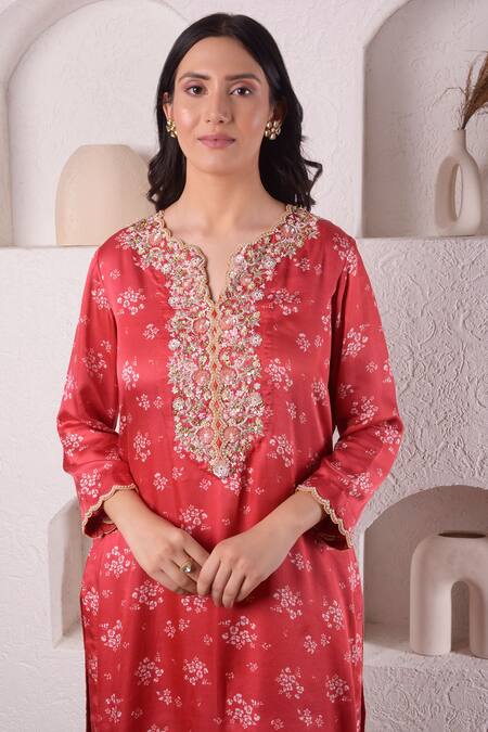 Shop_Surabhi Arya_Red Modal Satin Floral, Sequin And Beads Work Printed Kurta & Tulip Pant Set_Online_at_Aza_Fashions