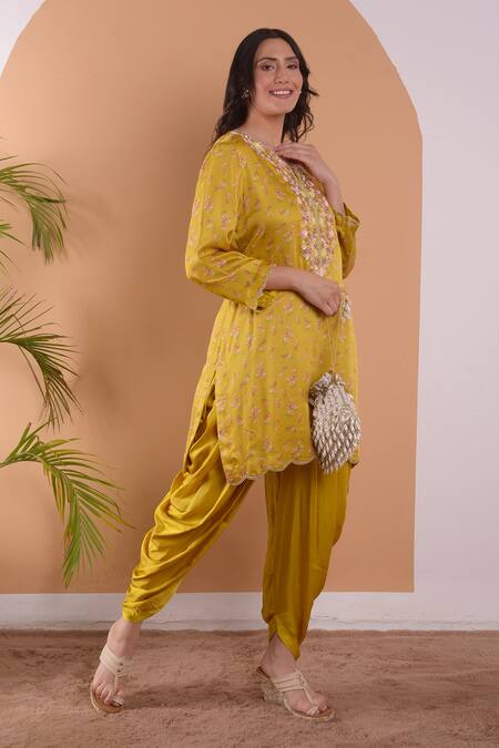 Surabhi Arya_Yellow Modal Satin Floral, Sequin And Beads Work Printed Kurta & Dhoti Pant Set_Online_at_Aza_Fashions