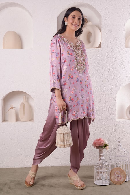 Surabhi Arya_Purple Modal Satin Floral, Sequin And Beads Work Printed Kurta & Dhoti Pant Set_Online_at_Aza_Fashions
