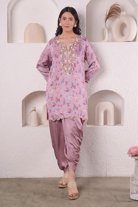 Buy_Surabhi Arya_Purple Modal Satin Floral, Sequin And Beads Work Printed Kurta & Dhoti Pant Set_Online_at_Aza_Fashions