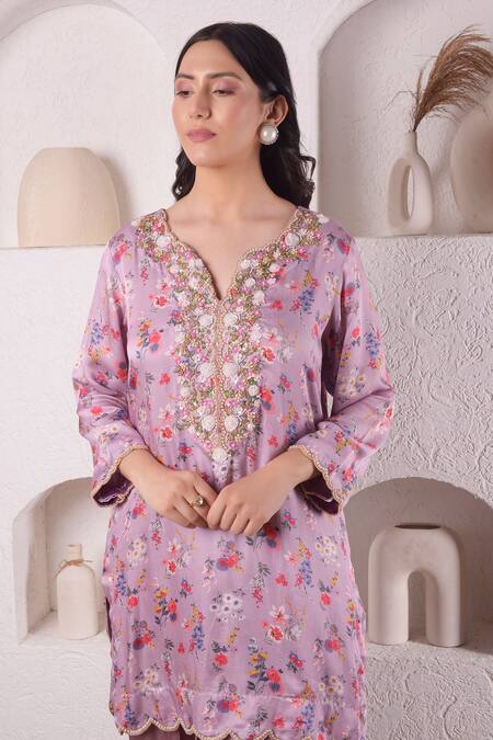 Shop_Surabhi Arya_Purple Modal Satin Floral, Sequin And Beads Work Printed Kurta & Dhoti Pant Set_Online_at_Aza_Fashions