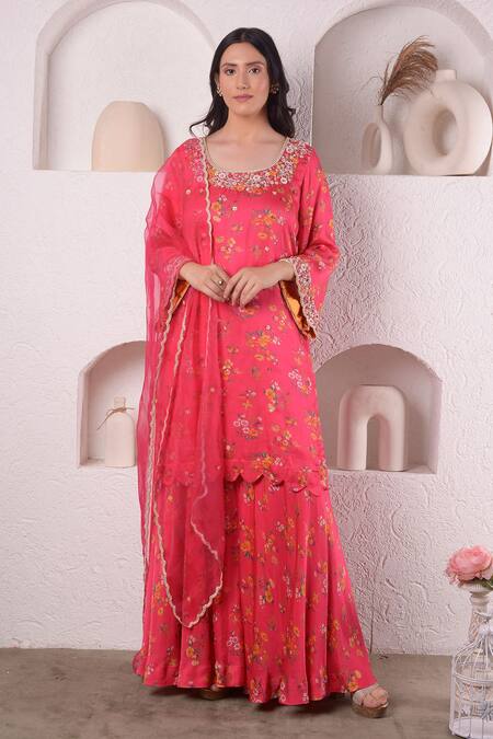 Surabhi Arya_Red Modal Satin, Dupatta Organza Floral, Thread, Sequin Print Kurta Sharara Set_Online_at_Aza_Fashions