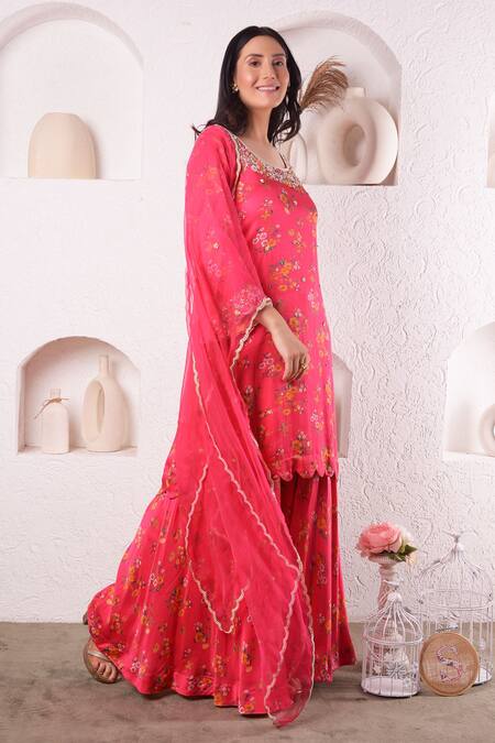 Shop_Surabhi Arya_Red Modal Satin, Dupatta Organza Floral, Thread, Sequin Print Kurta Sharara Set_Online_at_Aza_Fashions