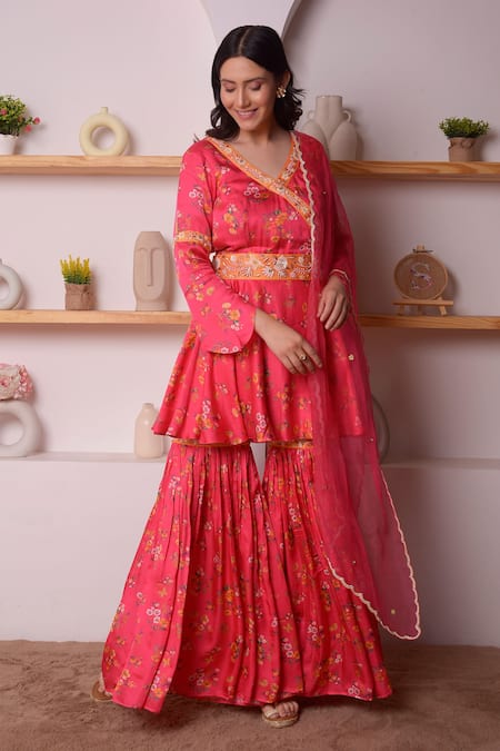 Surabhi Arya_Red Modal Satin, Dupatta Organza Floral, Thread, Print Angarkha Gharara Set_Online_at_Aza_Fashions