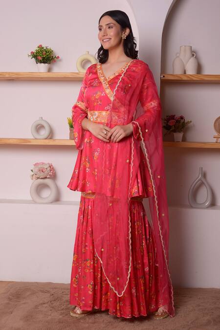 Buy_Surabhi Arya_Red Modal Satin, Dupatta Organza Floral, Thread, Print Angarkha Gharara Set_Online_at_Aza_Fashions