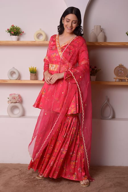 Shop_Surabhi Arya_Red Modal Satin, Dupatta Organza Floral, Thread, Print Angarkha Gharara Set_Online_at_Aza_Fashions