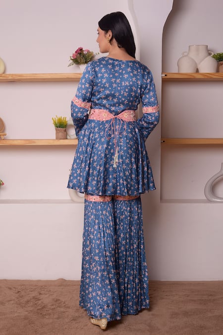 Shop_Surabhi Arya_Blue Modal Satin Floral, Thread, Sequin And Zari Work Print Angarkha & Gharara Set _at_Aza_Fashions