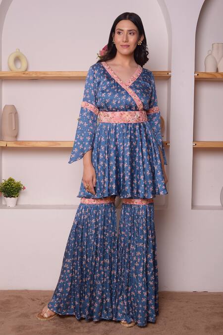 Surabhi Arya_Blue Modal Satin Floral, Thread, Sequin And Zari Work Print Angarkha & Gharara Set _Online_at_Aza_Fashions