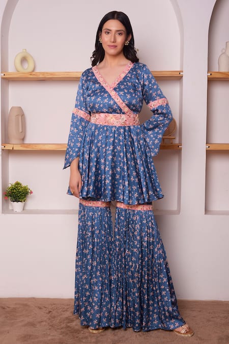 Buy_Surabhi Arya_Blue Modal Satin Floral, Thread, Sequin And Zari Work Print Angarkha & Gharara Set _Online_at_Aza_Fashions