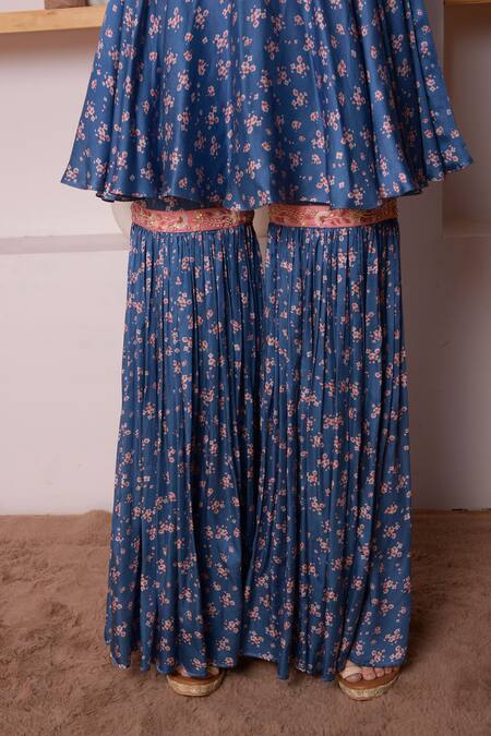 Surabhi Arya_Blue Modal Satin Floral, Thread, Sequin And Zari Work Print Angarkha & Gharara Set _at_Aza_Fashions