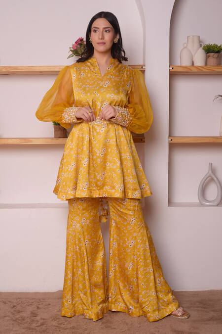 Buy_Surabhi Arya_Yellow Modal Satin Floral, Sequin And Beads Work Printed Tunic & Bell Bottoms Set_Online_at_Aza_Fashions