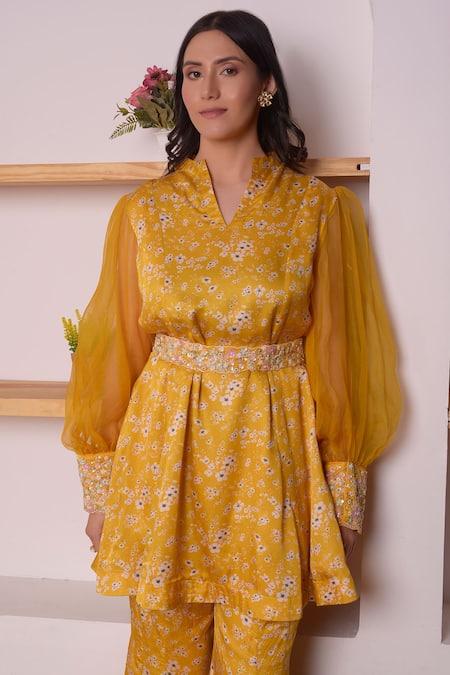 Surabhi Arya_Yellow Modal Satin Floral, Sequin And Beads Work Printed Tunic & Bell Bottoms Set_at_Aza_Fashions