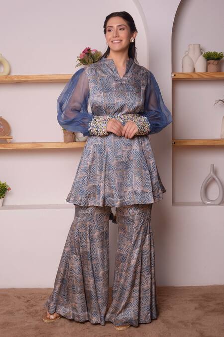Surabhi Arya_Blue Modal Satin Geometric, Sequin And Beads Work Printed Tunic & Bell Bottoms Set_Online_at_Aza_Fashions