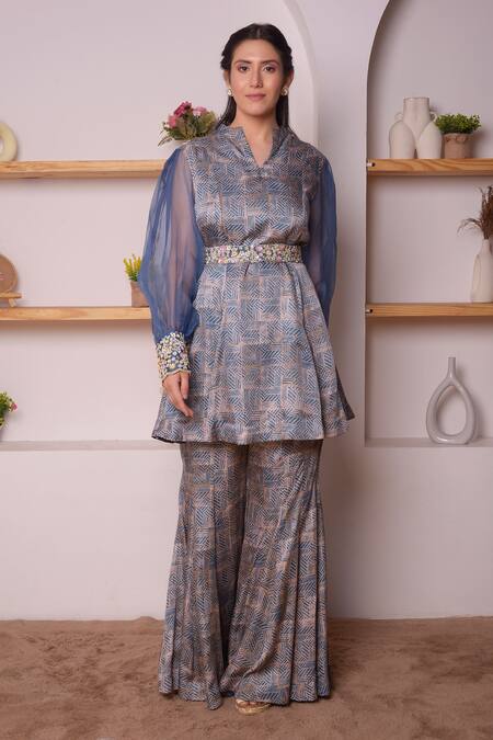 Buy_Surabhi Arya_Blue Modal Satin Geometric, Sequin And Beads Work Printed Tunic & Bell Bottoms Set_Online_at_Aza_Fashions