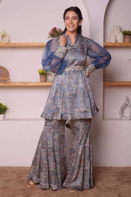 Shop_Surabhi Arya_Blue Modal Satin Geometric, Sequin And Beads Work Printed Tunic & Bell Bottoms Set_Online_at_Aza_Fashions