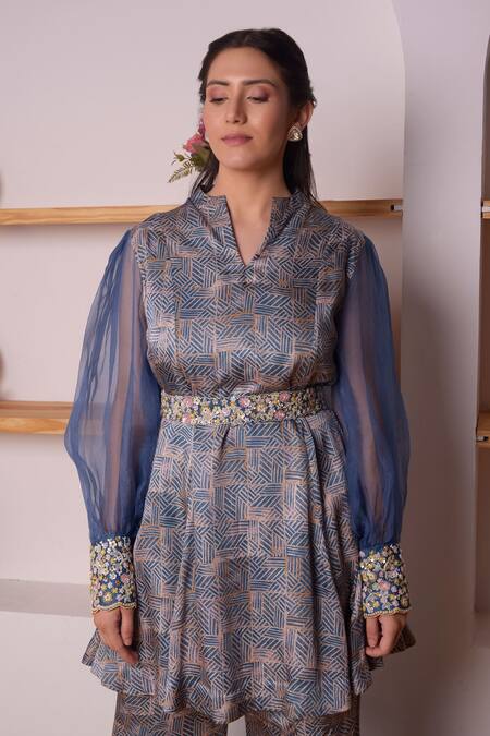 Surabhi Arya_Blue Modal Satin Geometric, Sequin And Beads Work Printed Tunic & Bell Bottoms Set_at_Aza_Fashions