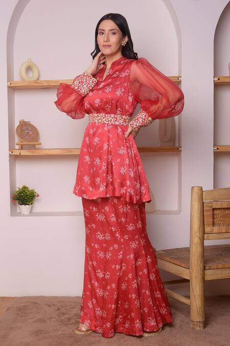 Surabhi Arya_Red Modal Satin Floral, Sequin And Beads Work V Printed Tunic & Bell Bottoms Set_Online_at_Aza_Fashions